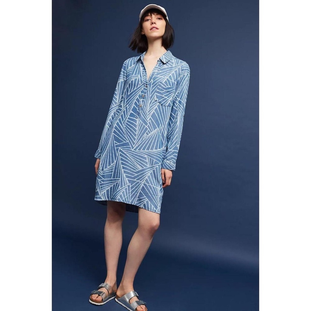 Kachel Long Sleeve Blue Chambray Views Printed Long Shirtdress Dress Size 10